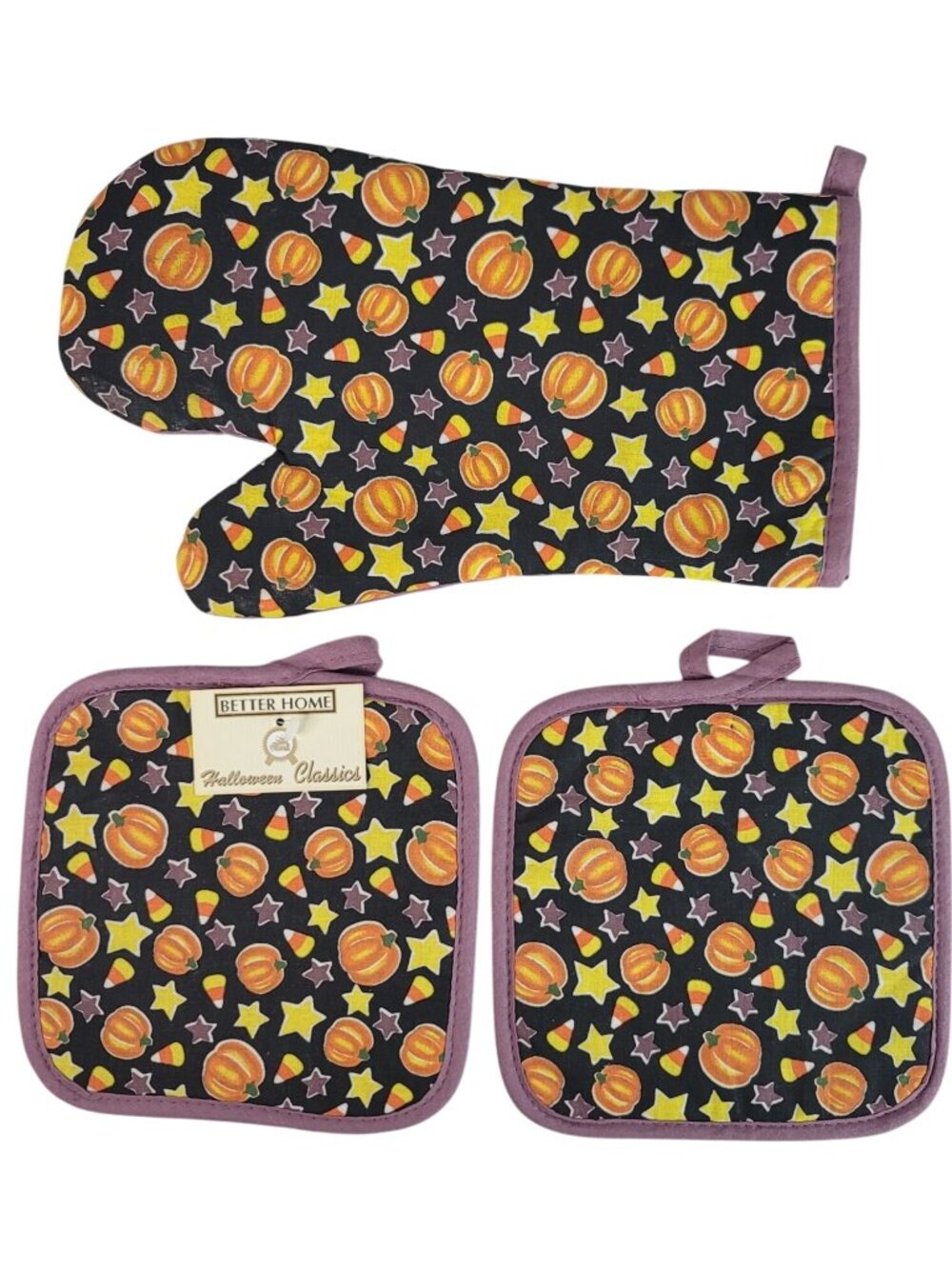Better Home Potholder Oven Mitt Set of 3 Purple Black Pumpkins Stars Candy NEW